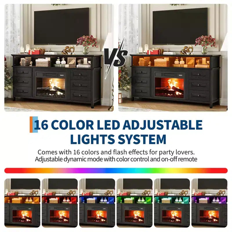 Meuble TV 65 pouces avec lumières LED, centre de divertissement avec armoires de rangement et étagères ouvertes, console multimédia blanche pour salon