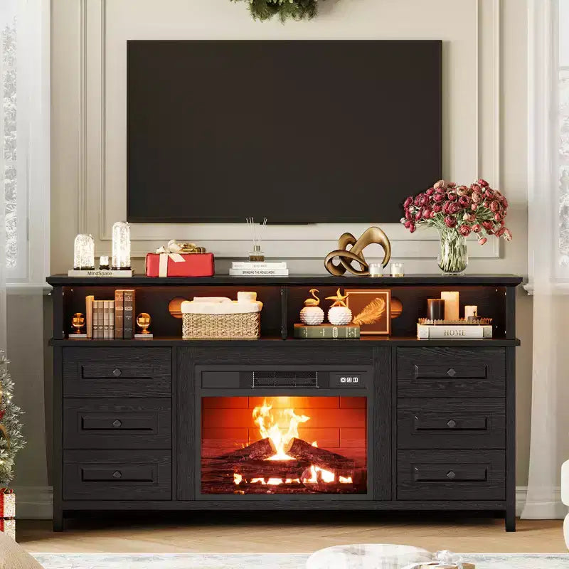 Meuble TV 65 pouces avec lumières LED, centre de divertissement avec armoires de rangement et étagères ouvertes, console multimédia blanche pour salon