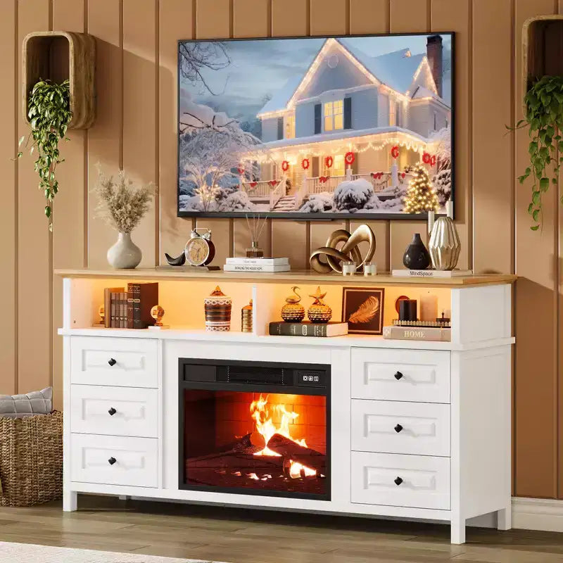 Meuble TV 65 pouces avec lumières LED, centre de divertissement avec armoires de rangement et étagères ouvertes, console multimédia blanche pour salon
