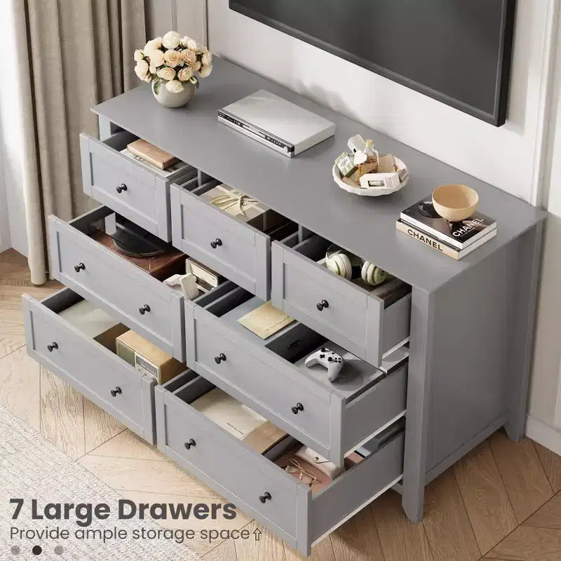 Commode à 7 tiroirs avec poignées en métal, grande commode en bois de 54 po de large, armoire de rangement moderne pour vêtements de chambre avec tiroirs profonds