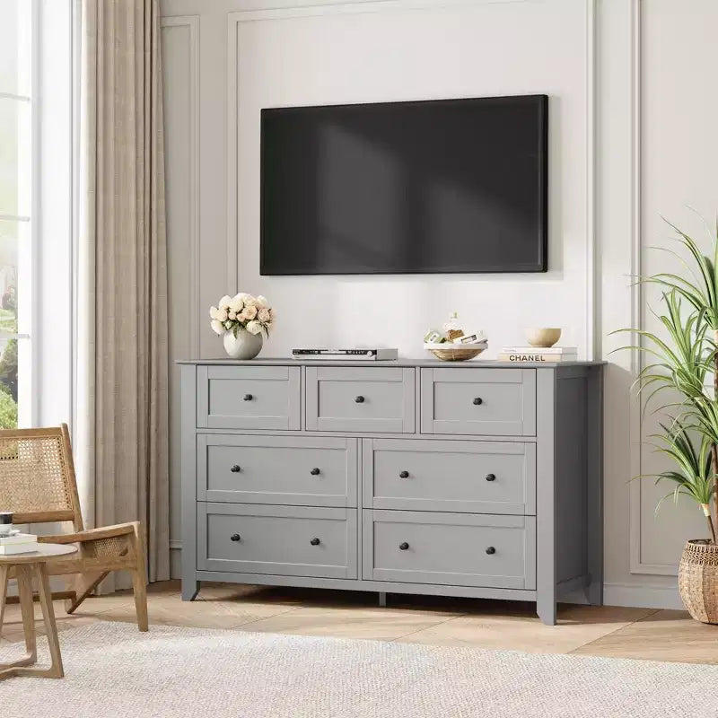 Commode à 7 tiroirs avec poignées en métal, grande commode en bois de 54 po de large, armoire de rangement moderne pour vêtements de chambre avec tiroirs profonds