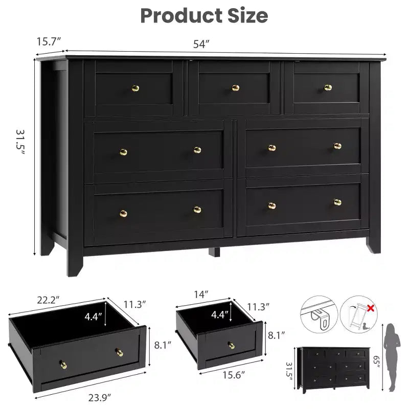 Commode à 7 tiroirs avec poignées en métal, grande commode en bois de 54 po de large, armoire de rangement moderne pour vêtements de chambre avec tiroirs profonds