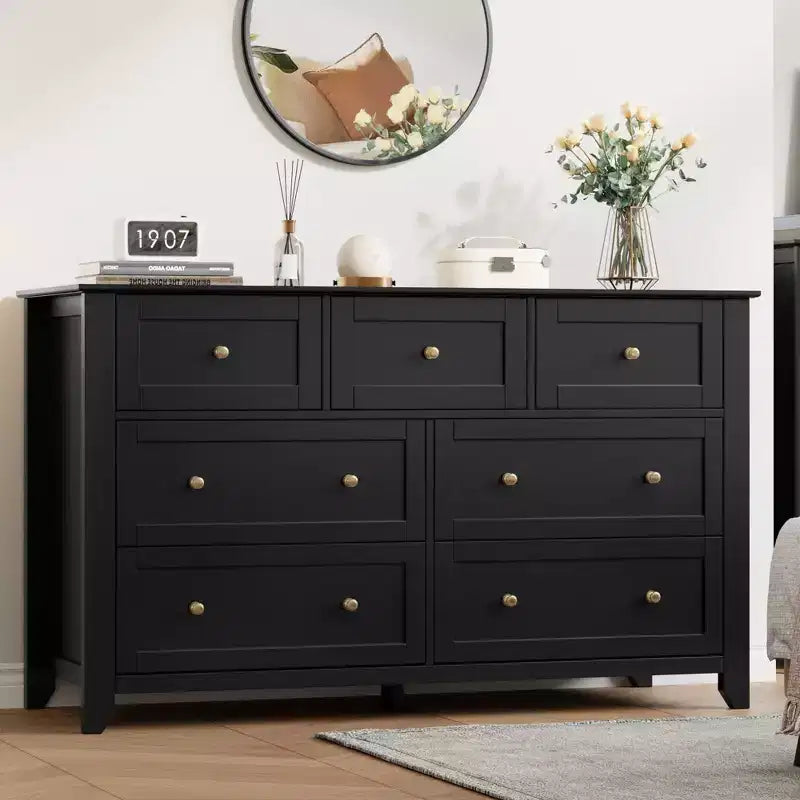 Commode à 7 tiroirs avec poignées en métal, grande commode en bois de 54 po de large, armoire de rangement moderne pour vêtements de chambre avec tiroirs profonds