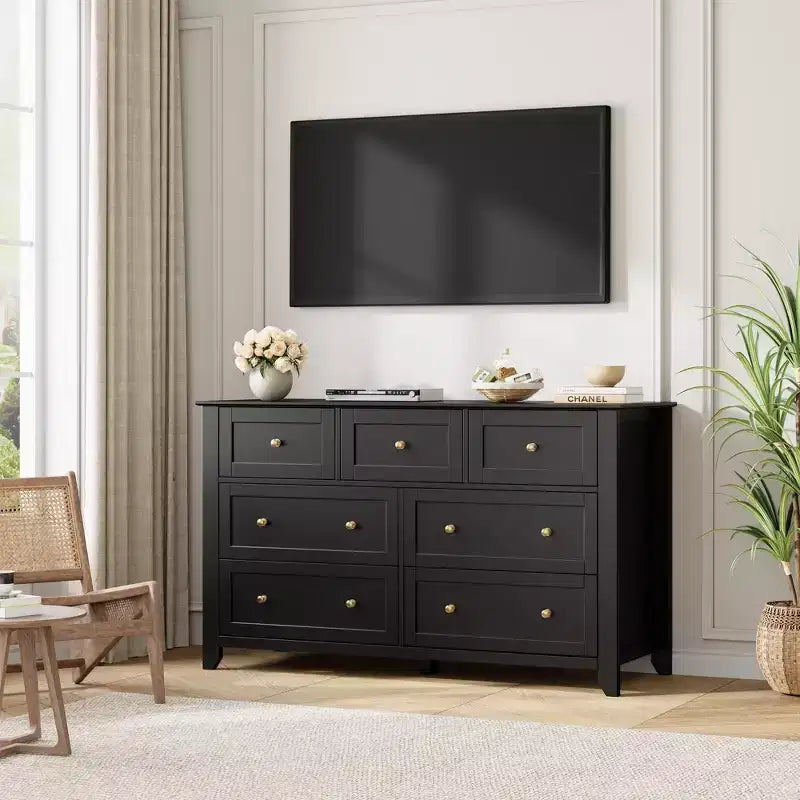 Commode à 7 tiroirs avec poignées en métal, grande commode en bois de 54 po de large, armoire de rangement moderne pour vêtements de chambre avec tiroirs profonds