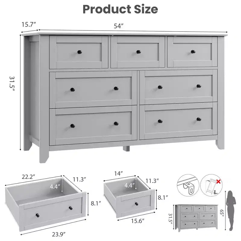 Commode à 7 tiroirs avec poignées en métal, grande commode en bois de 54 po de large, armoire de rangement moderne pour vêtements de chambre avec tiroirs profonds