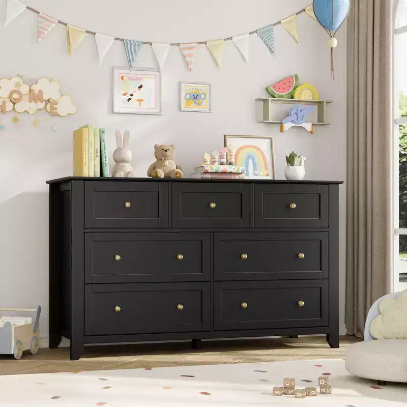 7 Drawer Dresser with Metal Knobs, 54 Wide Large Wood Chest of Drawers, Modern Bedroom Clothes Storage Cabinet with Deep Drawers