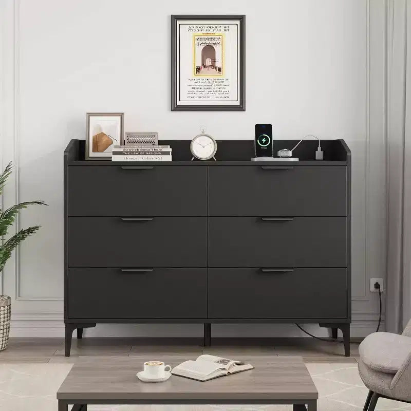 Commode de rangement moderne à 6 tiroirs en bois, meuble haut autoportant, sécurité anti-basculement, assemblage facile, pieds réglables, pour chambre, salon