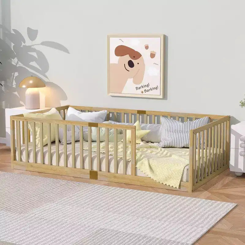 Clihome Twin Size Floor Bed with High Fence Railings, 6 Slats Included