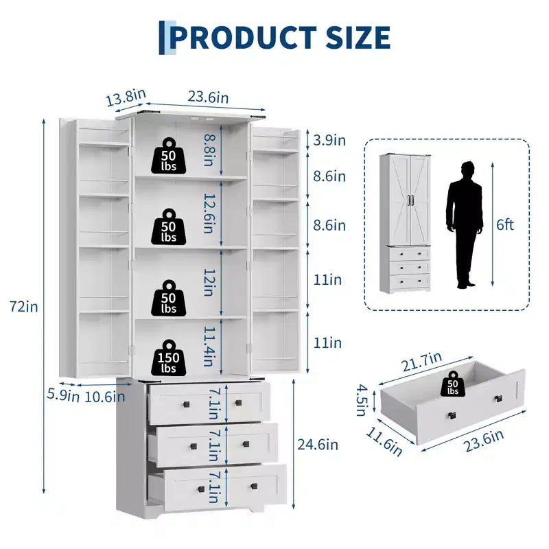 Meuble de cuisine autoportant de 183 cm, armoire de rangement de style ferme, étagères réglables, pour salon