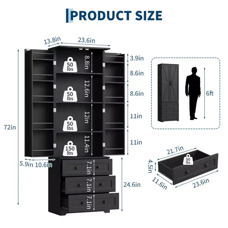 Meuble de cuisine autoportant de 183 cm, armoire de rangement de style ferme, étagères réglables, pour salon