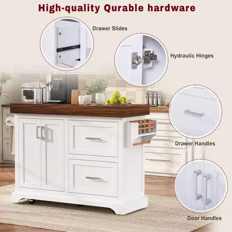 Îlot de cuisine roulant Zeus & Ruta 53 avec plateau de 8,9 cm d'épaisseur, tiroirs, porte-épices et porte-serviettes