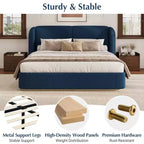 Lit plateforme moderne Whisen King avec tête de lit double oreiller, rembourré, tissu bouclé doux, design latéral ailé, lattes en bois massif