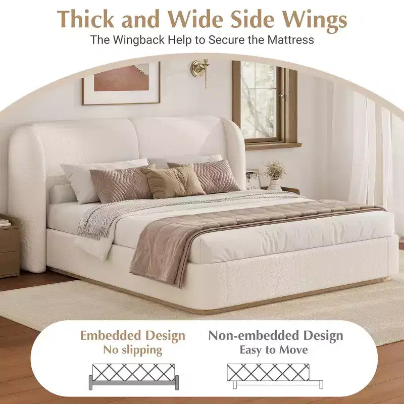 Lit plateforme moderne Whisen King avec tête de lit double oreiller, rembourré, tissu bouclé doux, design latéral ailé, lattes en bois massif