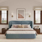 Lit plateforme moderne Whisen King avec tête de lit double oreiller, rembourré, tissu bouclé doux, design latéral ailé, lattes en bois massif