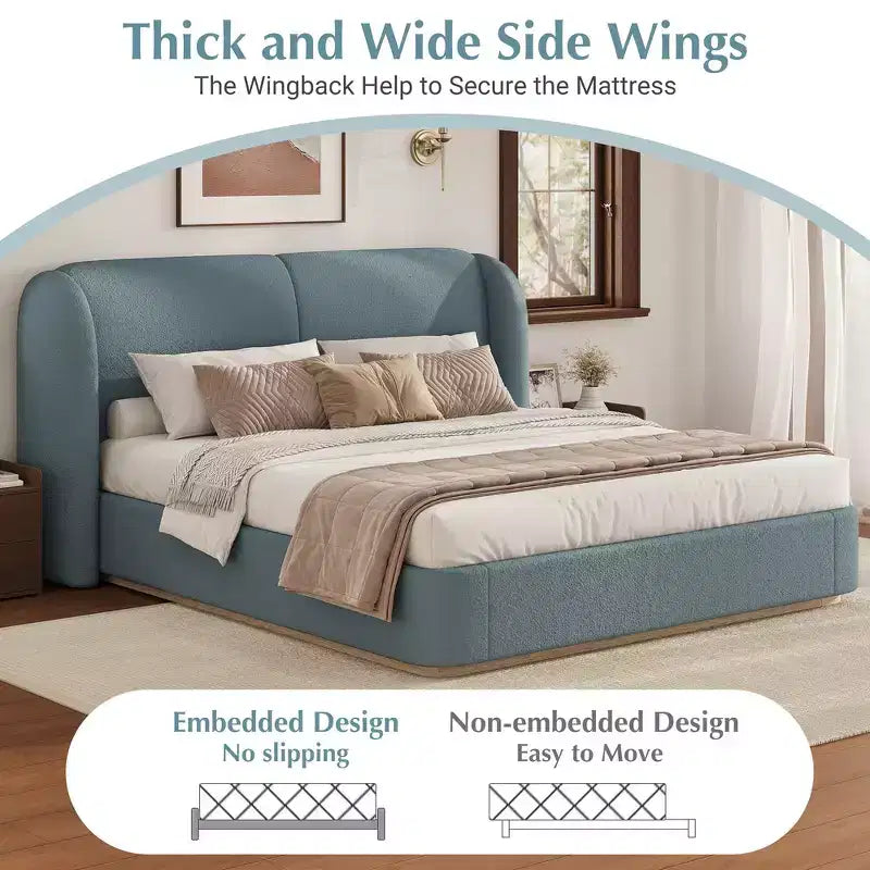Lit plateforme moderne Whisen King avec tête de lit double oreiller, rembourré, tissu bouclé doux, design latéral ailé, lattes en bois massif
