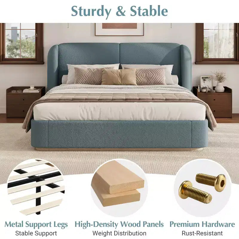 Lit plateforme moderne Whisen King avec tête de lit double oreiller, rembourré, tissu bouclé doux, design latéral ailé, lattes en bois massif
