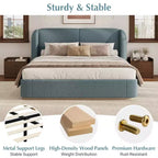 Lit plateforme moderne Whisen King avec tête de lit double oreiller, rembourré, tissu bouclé doux, design latéral ailé, lattes en bois massif