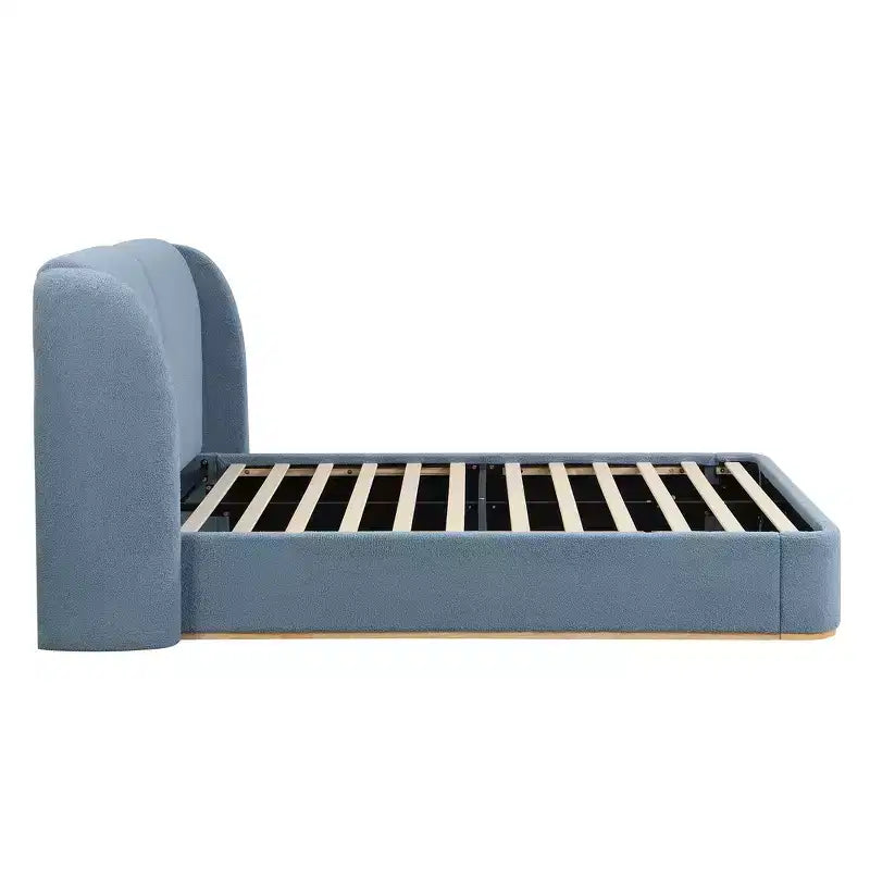 Lit plateforme moderne Whisen King avec tête de lit double oreiller, rembourré, tissu bouclé doux, design latéral ailé, lattes en bois massif