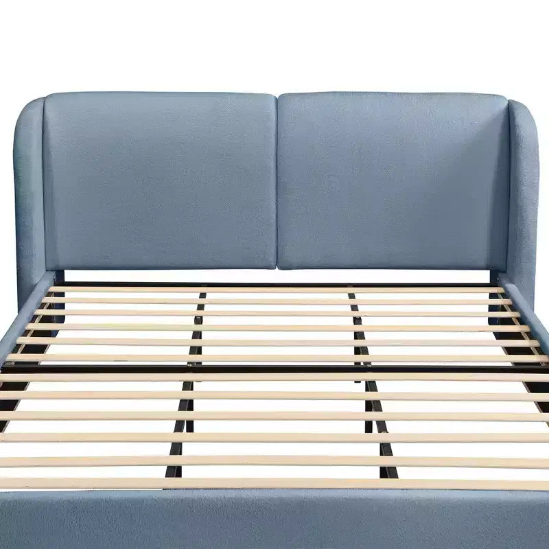 Lit plateforme moderne Whisen King avec tête de lit double oreiller, rembourré, tissu bouclé doux, design latéral ailé, lattes en bois massif