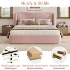 Lit plateforme moderne Whisen King avec tête de lit double oreiller, rembourré, tissu bouclé doux, design latéral ailé, lattes en bois massif