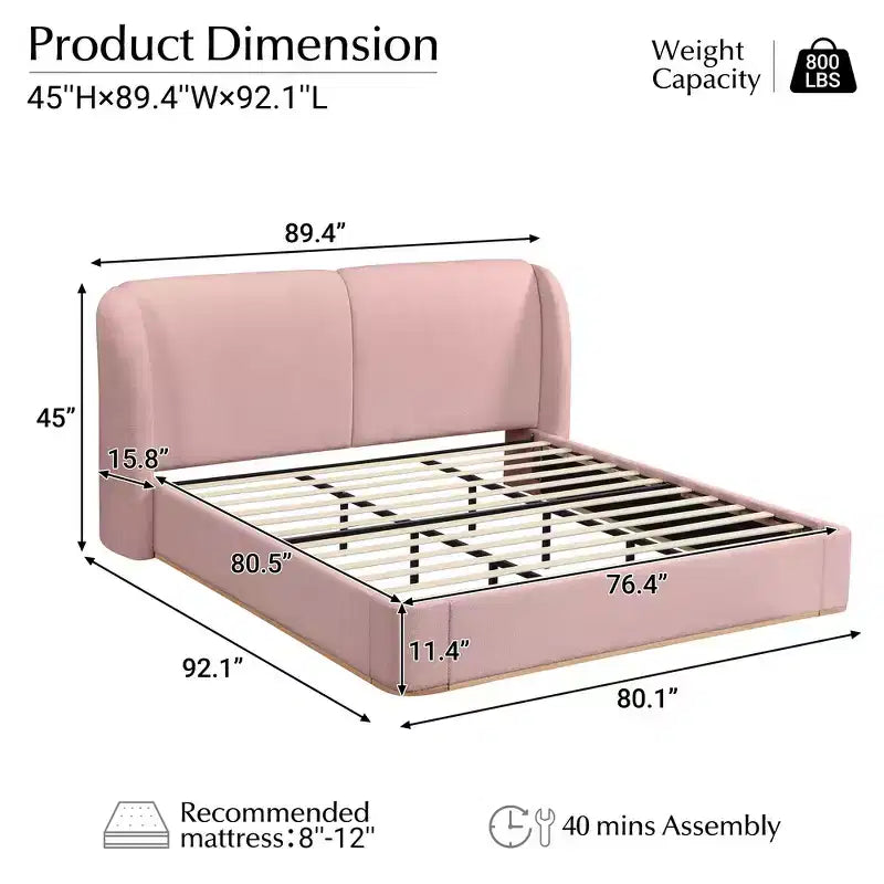 Lit plateforme moderne Whisen King avec tête de lit double oreiller, rembourré, tissu bouclé doux, design latéral ailé, lattes en bois massif