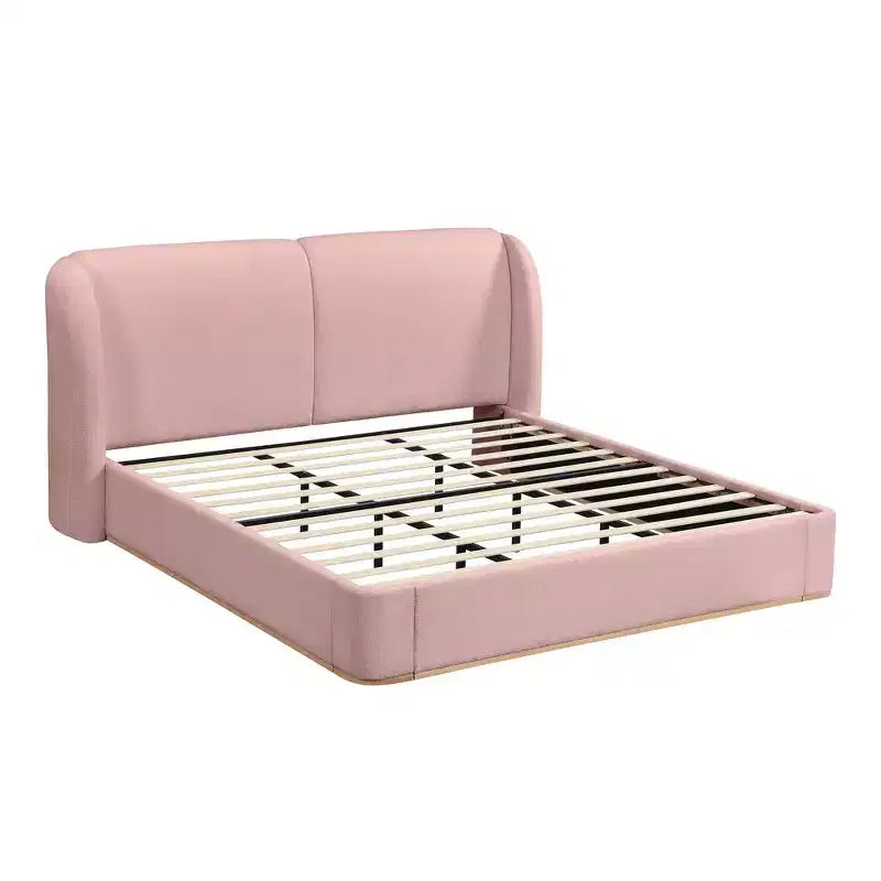 Lit plateforme moderne Whisen King avec tête de lit double oreiller, rembourré, tissu bouclé doux, design latéral ailé, lattes en bois massif