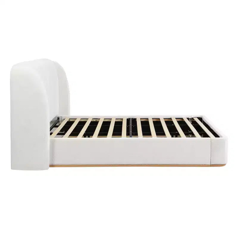 Lit plateforme moderne Whisen King avec tête de lit double oreiller, rembourré, tissu bouclé doux, design latéral ailé, lattes en bois massif