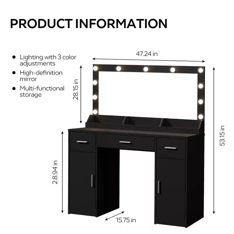 Coiffeuse moderne en bois GDFStudio Dentu 47 avec miroir, 3 modes d'éclairage et 3 tiroirs