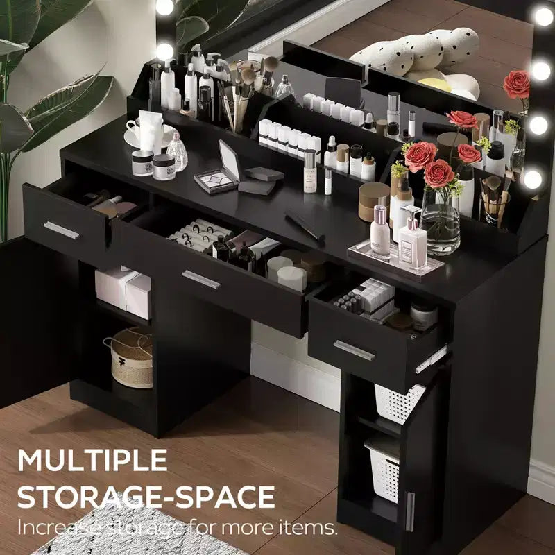 Coiffeuse moderne en bois GDFStudio Dentu 47 avec miroir, 3 modes d'éclairage et 3 tiroirs