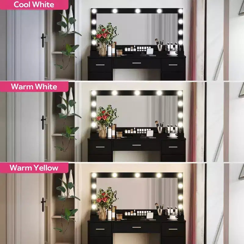 Coiffeuse moderne en bois GDFStudio Dentu 47 avec miroir, 3 modes d'éclairage et 3 tiroirs