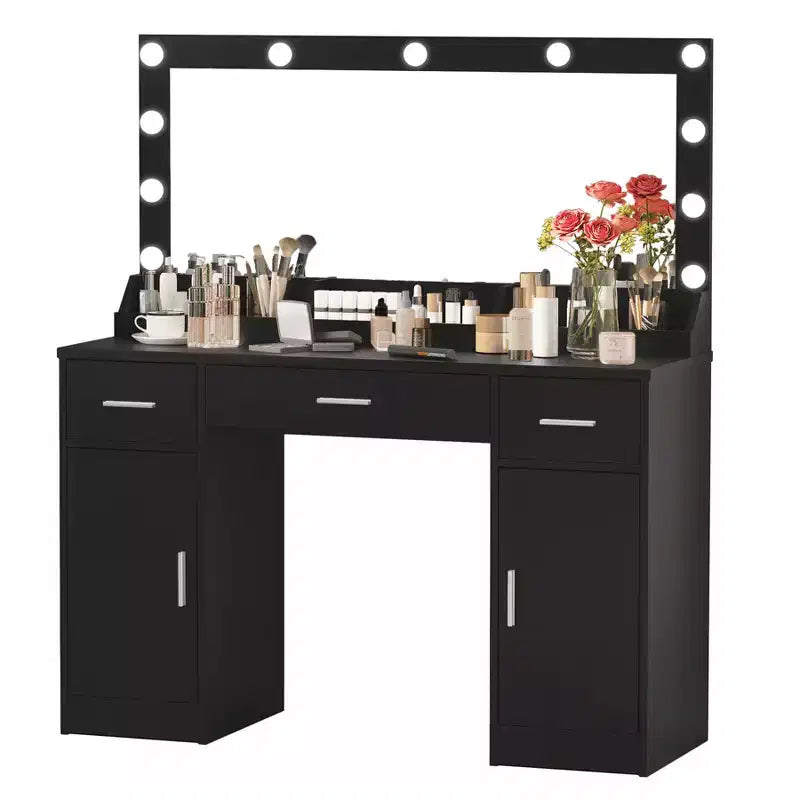 Coiffeuse moderne en bois GDFStudio Dentu 47 avec miroir, 3 modes d'éclairage et 3 tiroirs