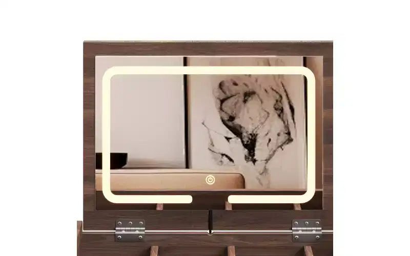 Coiffeuse moderne de 99 cm avec miroir escamotable et lumières, 3 tiroirs et 10 compartiments, tabouret assorti pour chambre à coucher