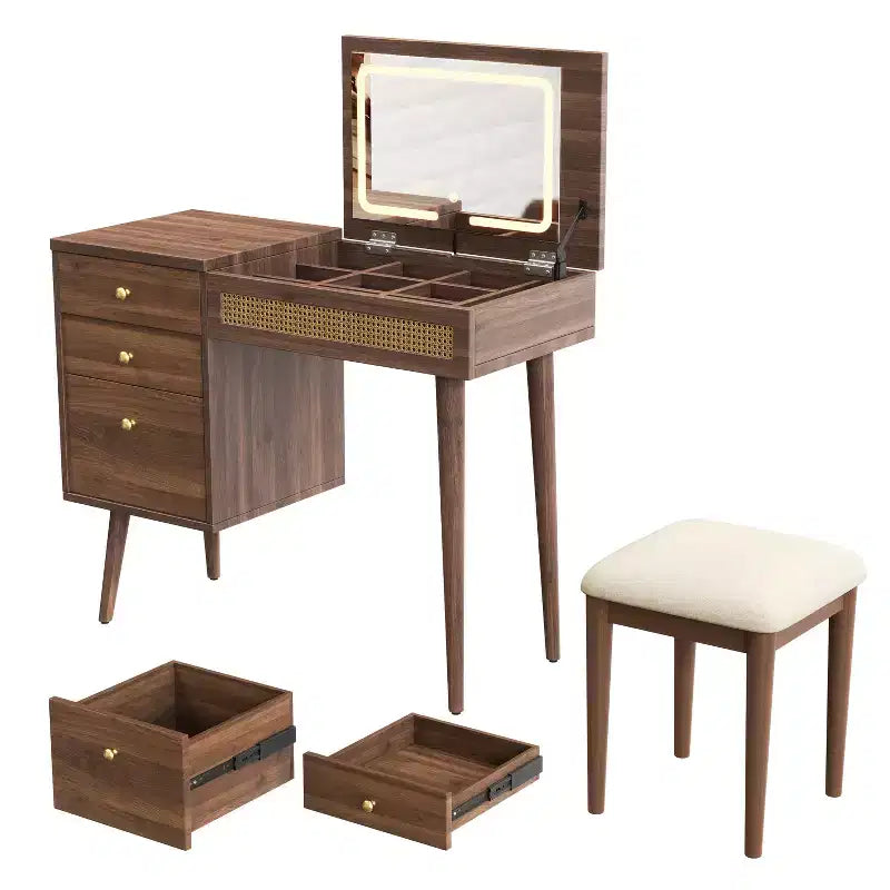 Coiffeuse moderne de 99 cm avec miroir escamotable et lumières, 3 tiroirs et 10 compartiments, tabouret assorti pour chambre à coucher