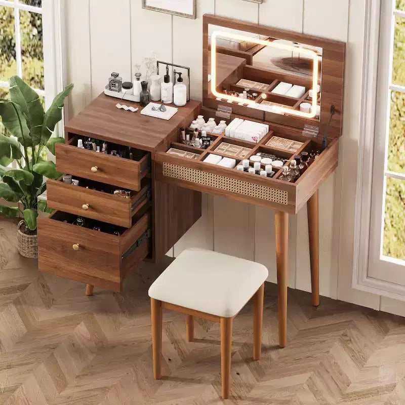 Coiffeuse moderne de 99 cm avec miroir escamotable et lumières, 3 tiroirs et 10 compartiments, tabouret assorti pour chambre à coucher