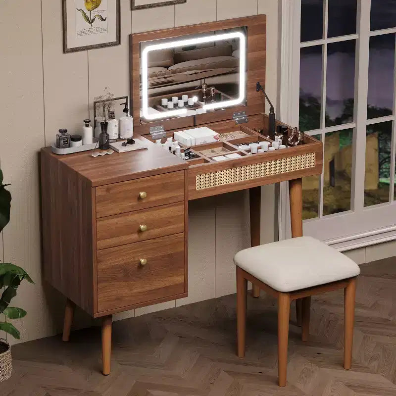Coiffeuse moderne de 99 cm avec miroir escamotable et lumières, 3 tiroirs et 10 compartiments, tabouret assorti pour chambre à coucher