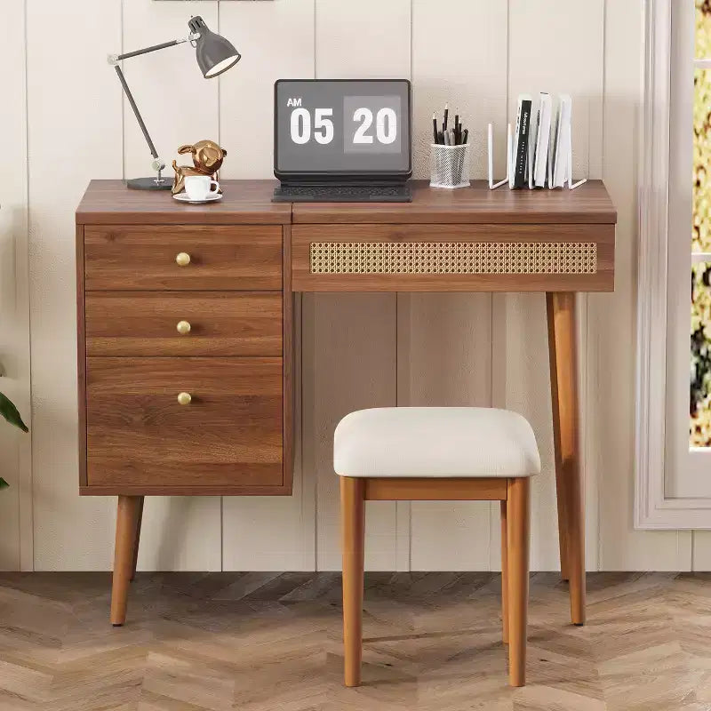 Coiffeuse moderne de 99 cm avec miroir escamotable et lumières, 3 tiroirs et 10 compartiments, tabouret assorti pour chambre à coucher