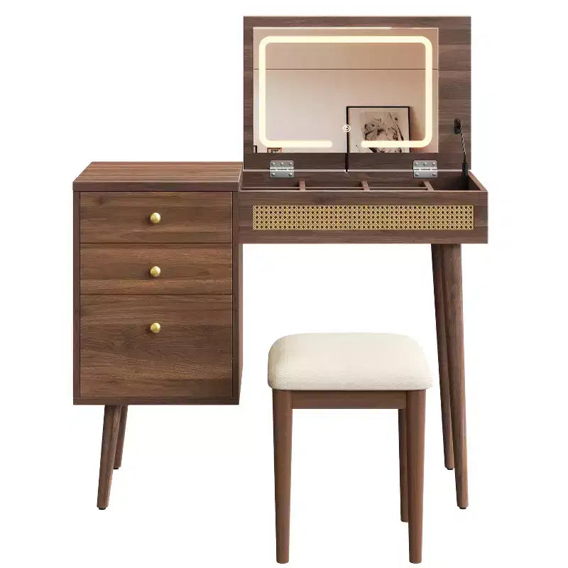 Coiffeuse moderne de 99 cm avec miroir escamotable et lumières, 3 tiroirs et 10 compartiments, tabouret assorti pour chambre à coucher