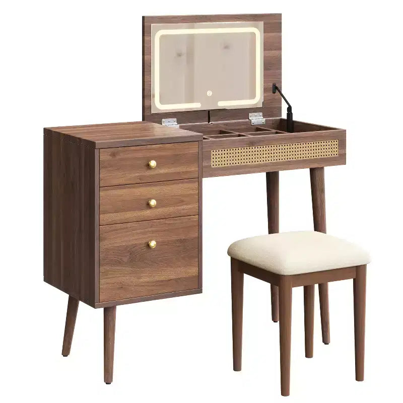 Coiffeuse moderne de 99 cm avec miroir escamotable et lumières, 3 tiroirs et 10 compartiments, tabouret assorti pour chambre à coucher