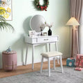 Modern Makeup Vanity Desk with Round Mirror, Organized Storage, Matching Stool for Bedroom, White Finish, Space-Saving Design