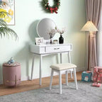 Modern Makeup Vanity Desk with Round Mirror, Organized Storage, Matching Stool for Bedroom, White Finish, Space-Saving Design