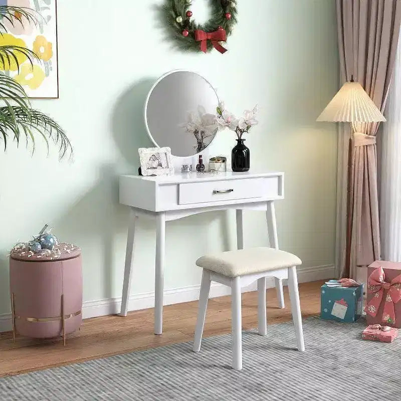 Modern Makeup Vanity Desk with Round Mirror, Organized Storage, Matching Stool for Bedroom, White Finish, Space-Saving Design