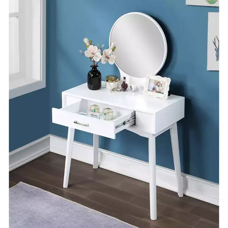 Coiffeuse de Maquillage Moderne avec Miroir Rond, Rangement Organisé, Tabouret Assorti pour Chambre à Coucher, Finition Blanche, Conception Gain de Place