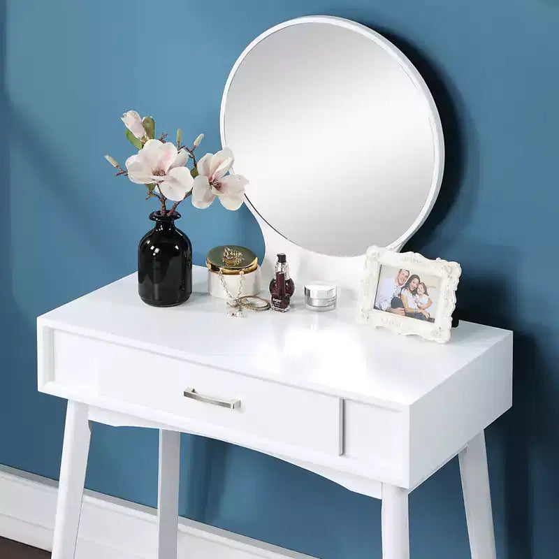 Coiffeuse de Maquillage Moderne avec Miroir Rond, Rangement Organisé, Tabouret Assorti pour Chambre à Coucher, Finition Blanche, Conception Gain de Place