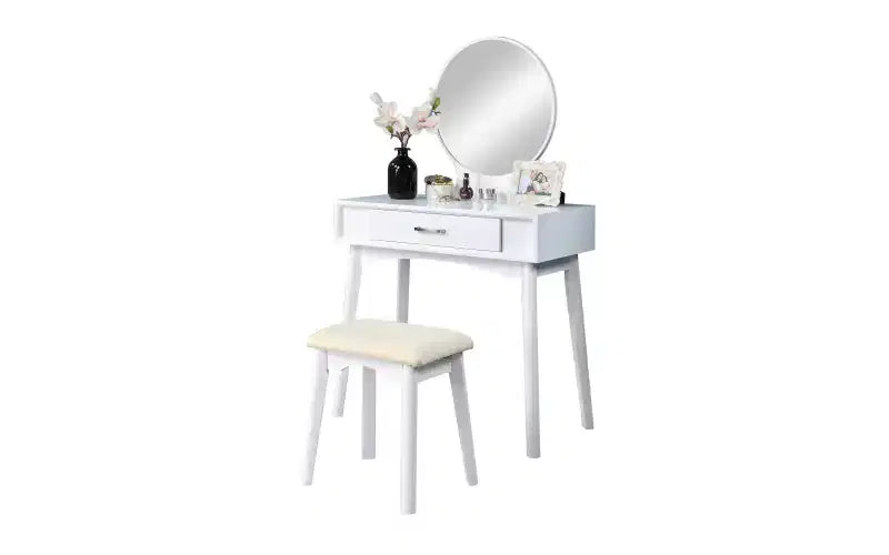 Coiffeuse de Maquillage Moderne avec Miroir Rond, Rangement Organisé, Tabouret Assorti pour Chambre à Coucher, Finition Blanche, Conception Gain de Place