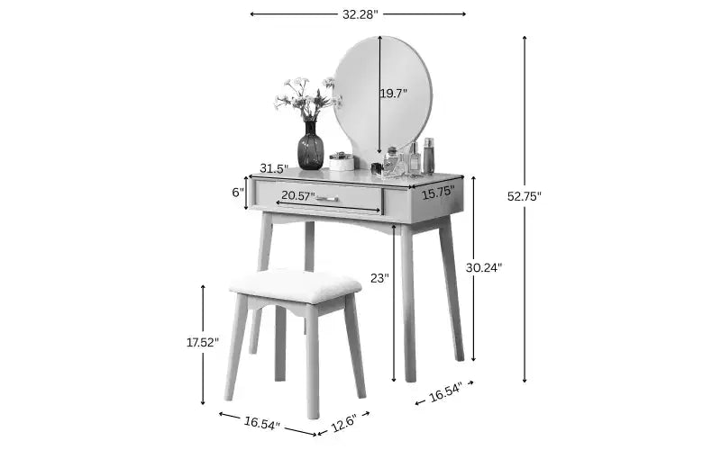 Coiffeuse de Maquillage Moderne avec Miroir Rond, Rangement Organisé, Tabouret Assorti pour Chambre à Coucher, Finition Blanche, Conception Gain de Place