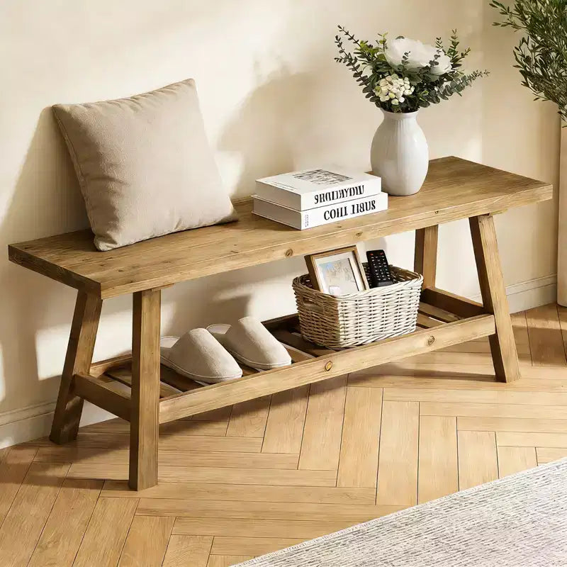 GDFStudio Eoghan 43 Farmhouse Solid Wood Entryway Bench with Open Storage Shelf