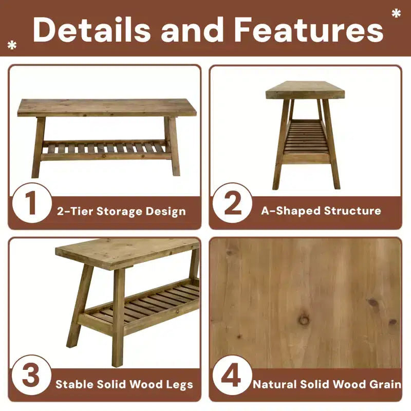 Banc d'entrée GDFStudio Eoghan 43 en bois massif de style campagnard avec étagère de rangement ouverte