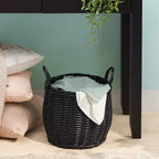 Panier de rangement rond en résine tressée noire avec poignées 33 x 33 x 26 cm – Organisateur polyvalent pour serviettes, jouets, magazines et décoration intérieure
