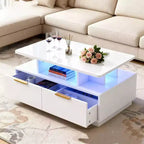 35 LED Coffee Table with 4 Storage Drawers and Open Shelf - Modern White Rectangular Table with Color-Changing Lights