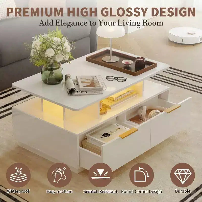 Table basse LED 35" avec 4 tiroirs de rangement et étagère ouverte - Table rectangulaire moderne blanche avec lumières changeantes de couleur